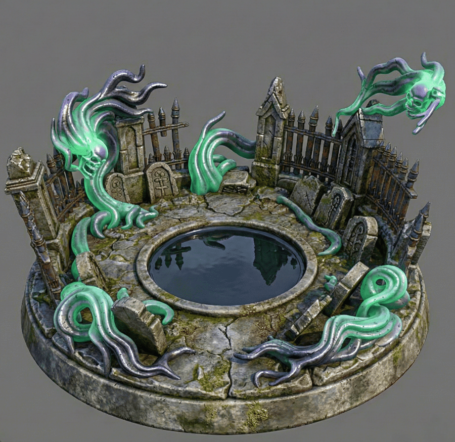 Diorama cimetière et spectres pour figurines socle de 28 mm à XX mm